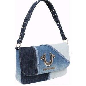 True Religion Frayed Denim Flap Crossbody Bag Purse Horseshoe Western Cowgirl